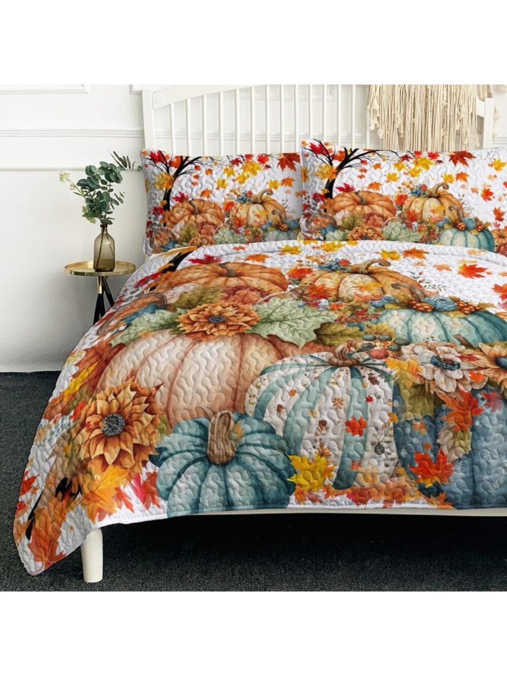 Colorful Pumpkin King Quilt - Halloween & Fall Blue Bedding Set for Cozy Decor
